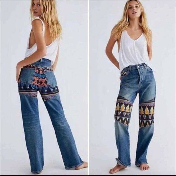 We The Free Denim - Free People Rocky Mountain Patchwork Jeans Sz 24 USA Made Embroidered Boho $148